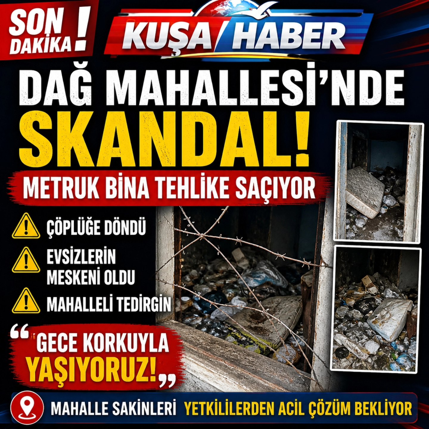  DAĞ MAHALLESİ’NDE TEPKİ ÇEKEN GÖRÜNTÜ! METRUK BİNA TEHLİKE SAÇIYOR