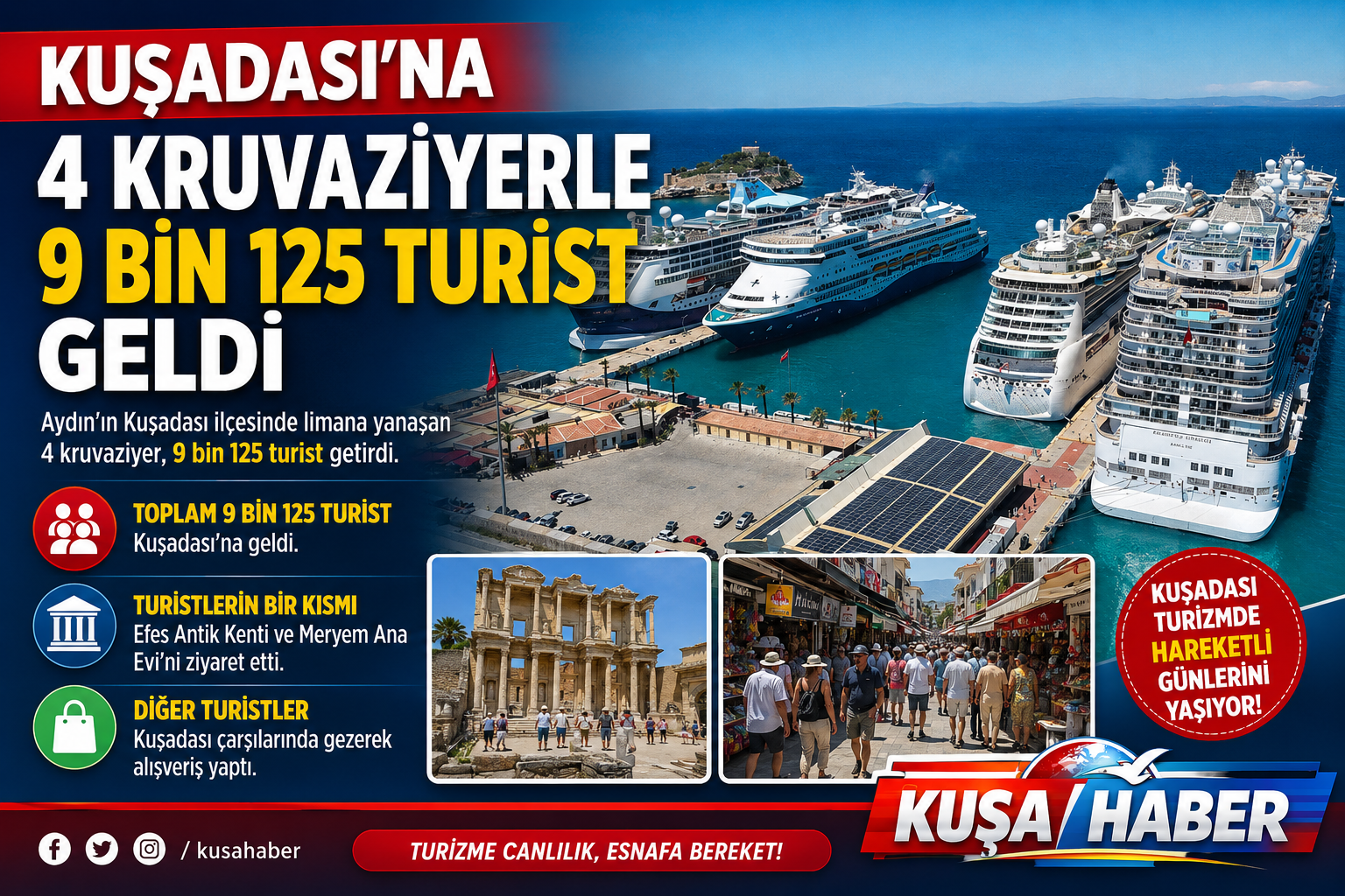 KUŞADASI’NA 4 KRUVAZİYERLE 9 BİN 125 TURİST GELDİ